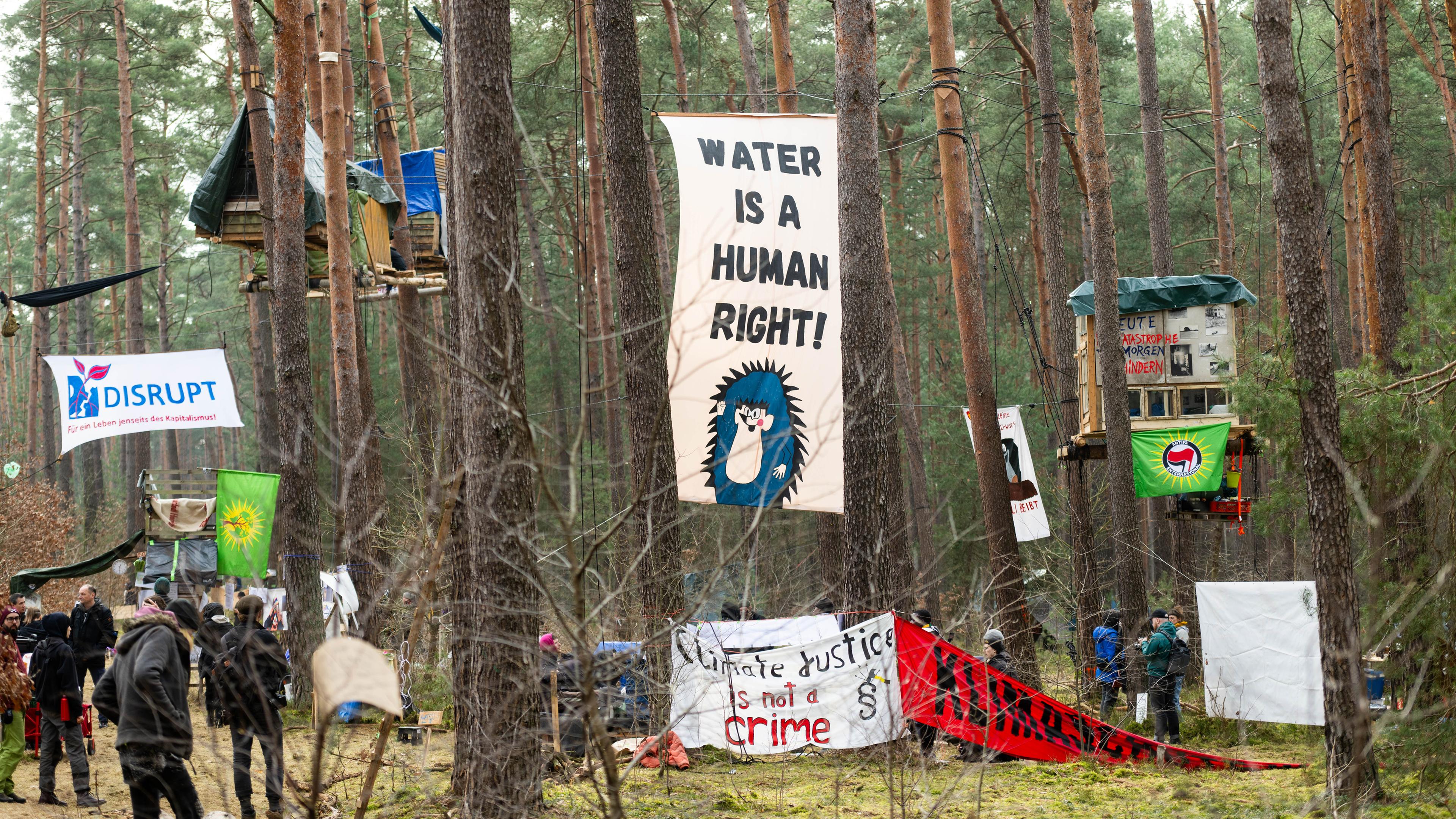 Brandenburg, Grünheide: Aktivisten stehen in einem Waldstück nahe der Tesla Fabrik und bauen mit Baumhäusern ein Protestcamp auf.