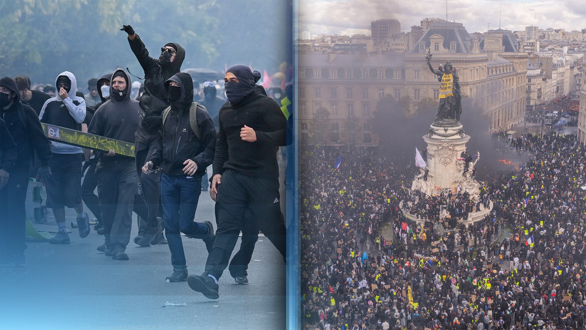 Vermumte Protestiernde und das Denkmal der Marianne mit einer gelben Weste