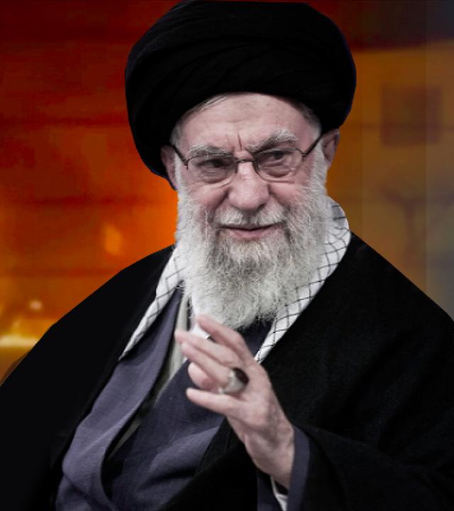 Khamenei, oberster Führer des Irans, ist in dem Bild rechts verortet. Links ist ein Bild eingefügt von einer Straße in Teheran, in der mehrere Autos in Flammen stehen.
