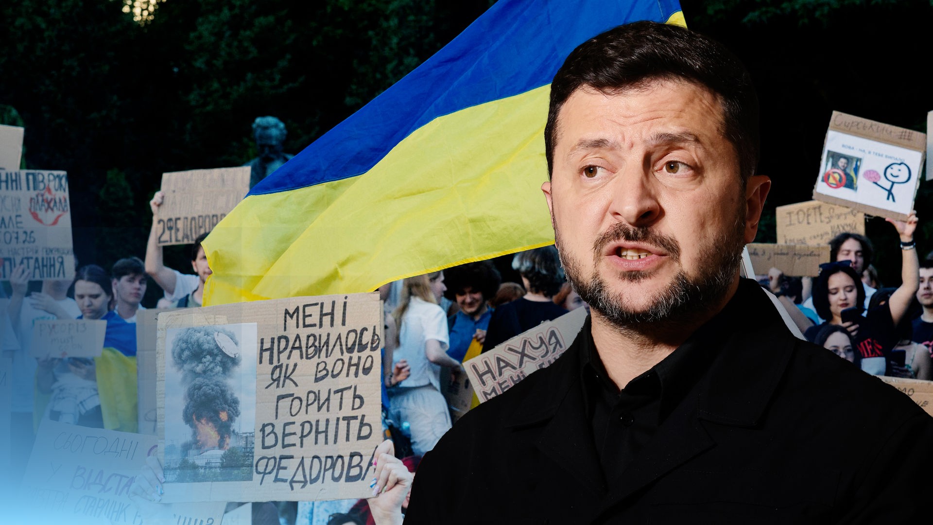 Präsident Wolodymyr Selenskyj vor einem Bild der Demonstranten in der Ukraine