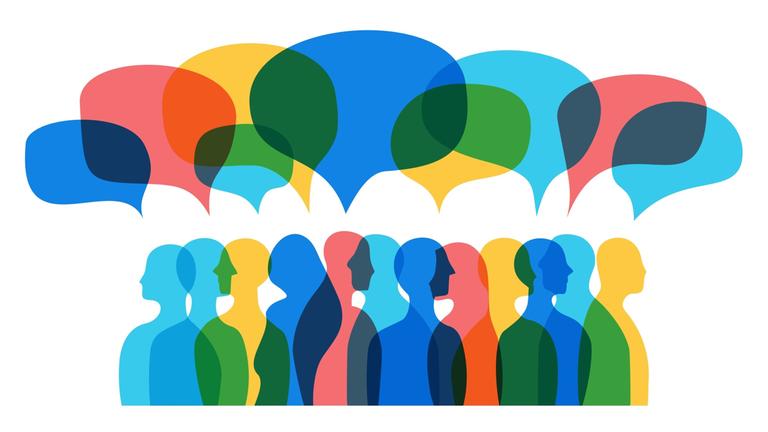 Logo des Public Spaces Incubator unter Public Media Alliance: Farbige stilisierte Menschen mit frabigen Sprechblasen darüber