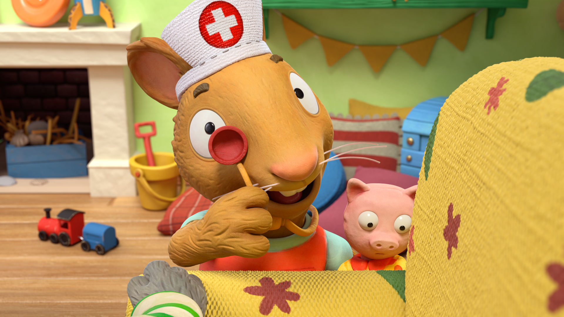 Posy hat ein Krankenschwester-Häubchen auf und hält ein Stethoskop vor ihr rechtes Auge.