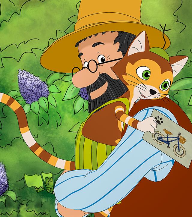 Findus umarmt Pettersson mit einem Lächeln. Findus hält eine Karte in seiner Pfote. Darauf ist ein Fahrrad abgebildet.