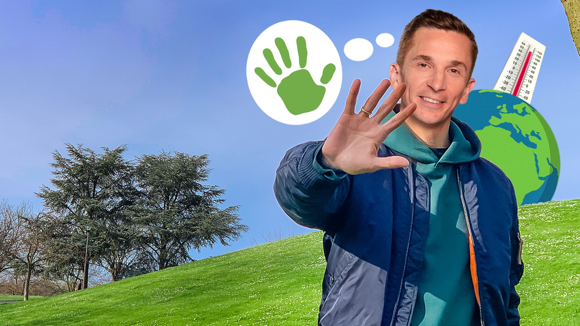 Moderator Eric Mayer steht auf einer Wiese. Mit ausgestrecktem rechten Arm hält er seine Handinnenfläche mit gespreizten Fingern in die Kamera. Links neben seinem Kopf zeigt eine grafische Denkblase eine grüne Hand. Rechts neben ihm im Hintergrund ist eine grafische Erdkugel zu sehen mit einem Fieberthermometer mit hohem Ausschlag.