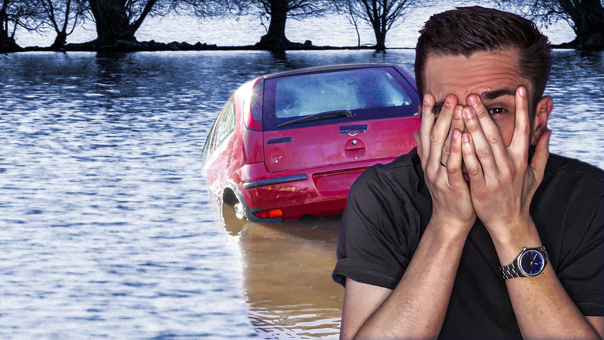 Moderator Eric Mayer ist rechts im Bild. Er hält sich die Hände vors Gesicht und schaut zwischen den Fingern angsterfüllt hindurch. Im Hintergrund sieht man, wie ein rotes Auto beginnt, im Wasser eines Flusses zu versinken.