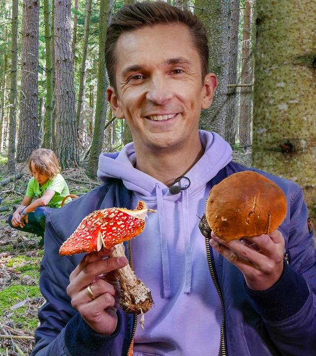 Eric Mayer steht im Wald zwischen den Bäumen und direkt vor einem Baumstamm. Er lächelt in die Kamera. In seiner rechten Hand hält er einen großen Fliegenpilz. In der linken Hand hält er einen großen Steinpilz. Im Hintergrund suchen ein Kind und eine erwachsene Person hockend am Waldboden nach Pilzen. Sie haben einen Korb dabei.