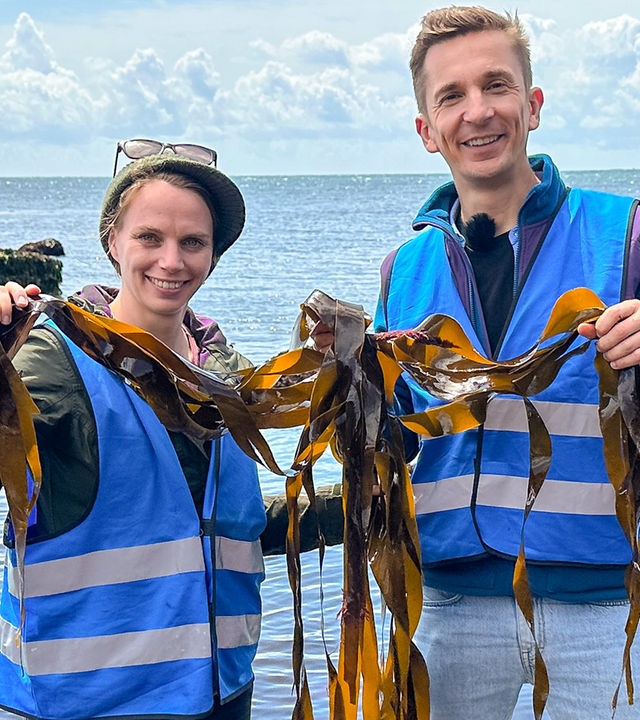 Meeresbiologin Dr. Julia Schnetzer und "PUR+" Moderator Eric Mayer stehen im Felswatt vor der Insel Helgoland und halten Braunalgen in den Händen.