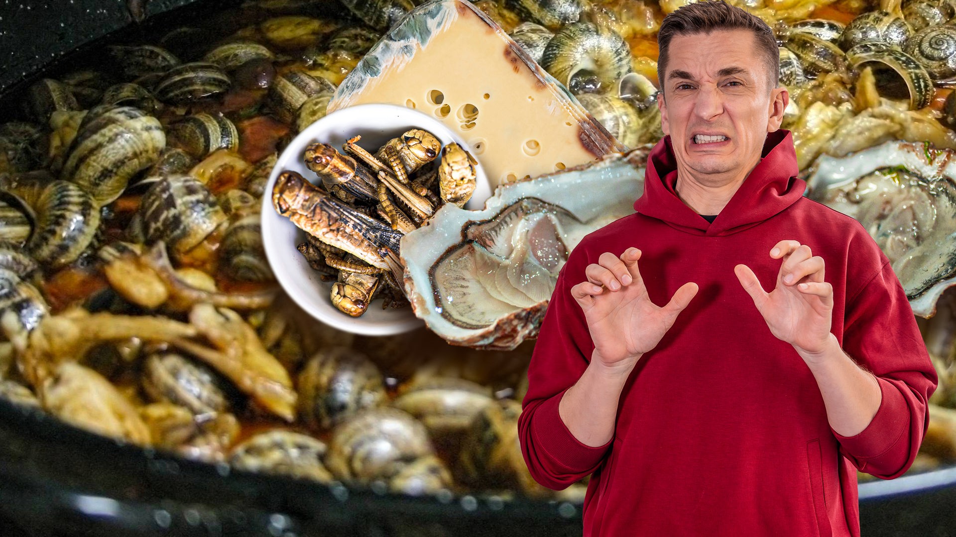 Eric Mayer steht in einem roten Kapuzenpullover mit Gesicht zur Kamera. Er schaut angewidert, verzieht Mund und Nase und macht mit den Händen eine abwehrende Geste. Im Hintergrund sind geöffnete Austern, schimmeliger Käse, gekochte Schnecken und frittierte Insekten zu sehen.