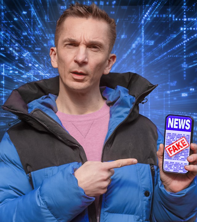 Eric trägt eine blaue Daunenjacke und darunter einen rosafarbenen Pulli. Er hält ein Smartphone in seiner linken Hand. Auf dem Display sieht man das Wort "News" und darüber ist ein roter Fake-Stempel.