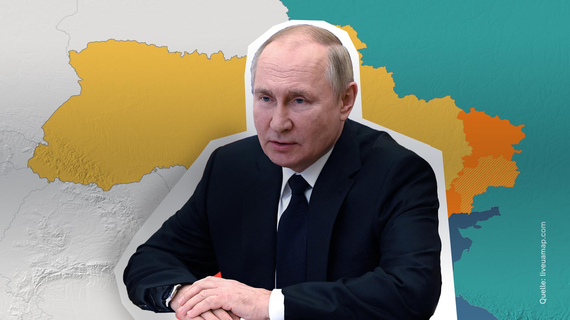Wladimir Putin im Vordergrund; eine grafische Karte der Ukraine im Hintergrund. 