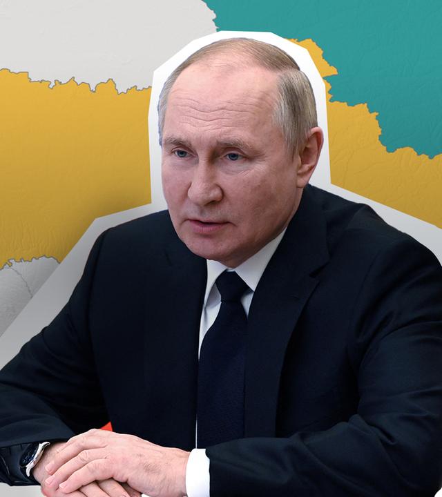 Wladimir Putin im Vordergrund; eine grafische Karte der Ukraine im Hintergrund. 