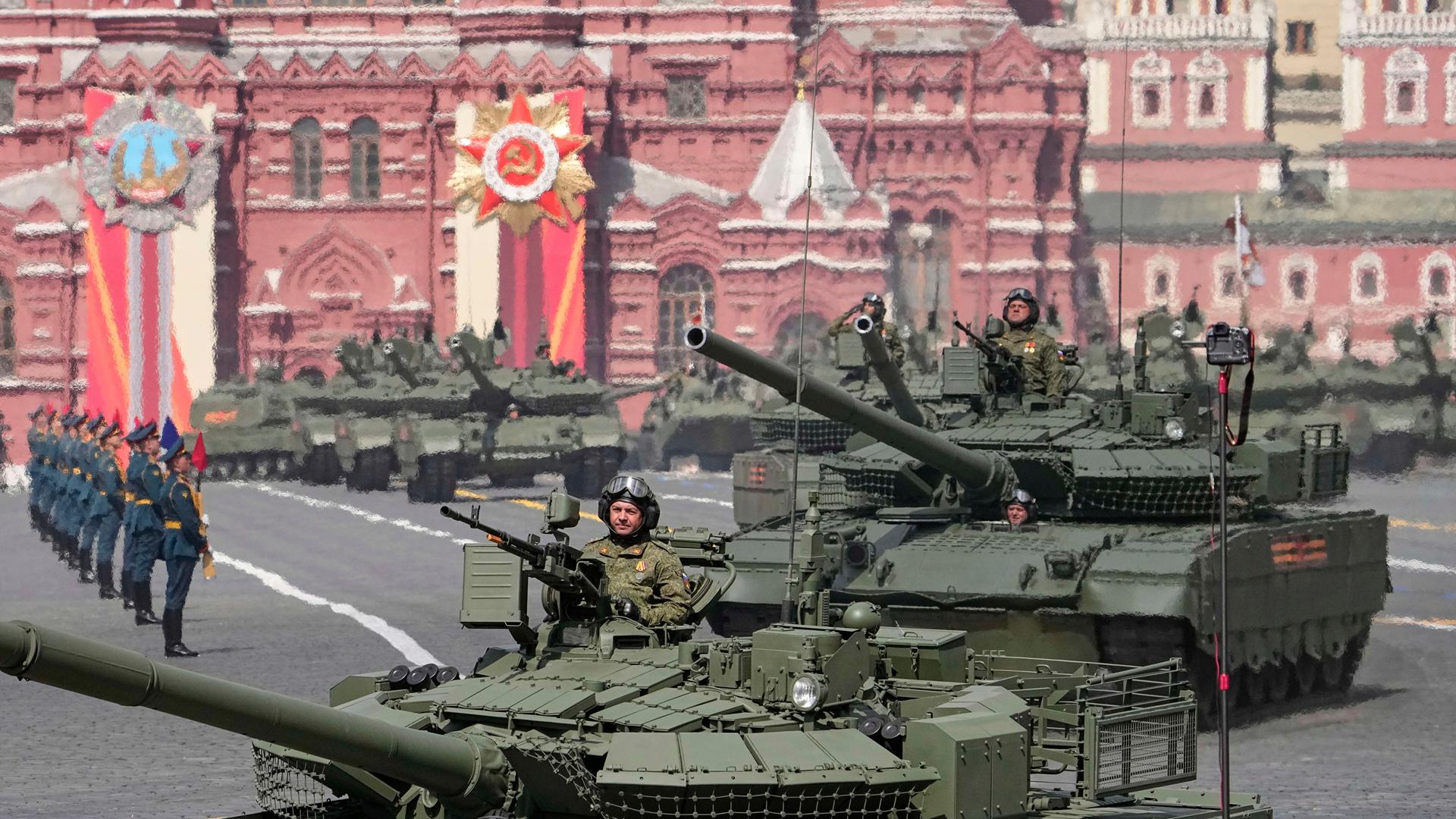 Russian T-80 BVM tanks roll in Red square during the Victory Day military parade in Moscow.