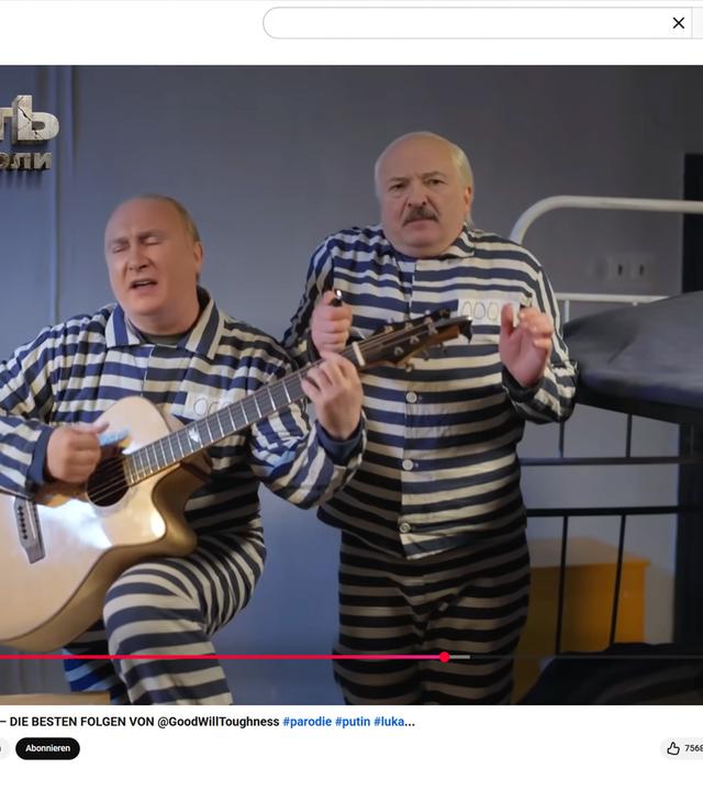Screenshot von einem Youtube Video, auf dem das animierte Bild von zwei Sträflingen zu sehen ist. Einer, der aussieht wie Putin, spielt Gitarre.