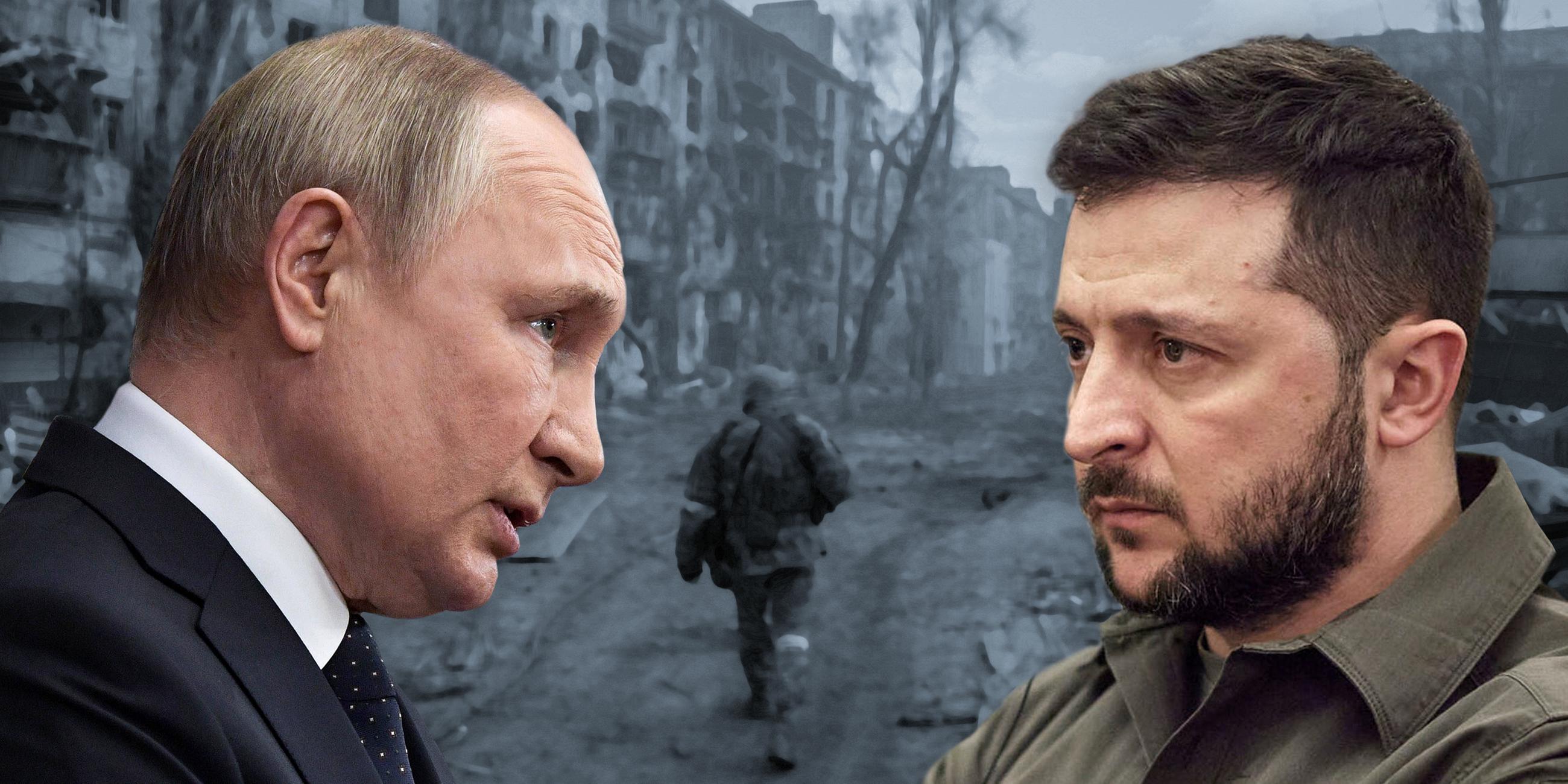 Montage: Wladimir Putin und Wolodymyr Selenskyj vor einem Blick auf das zerstörte Mariupol