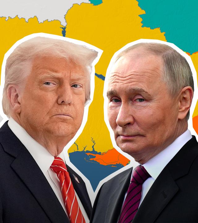 Donald Trump und Wladimir Putin vor einer Karte der Ukraine