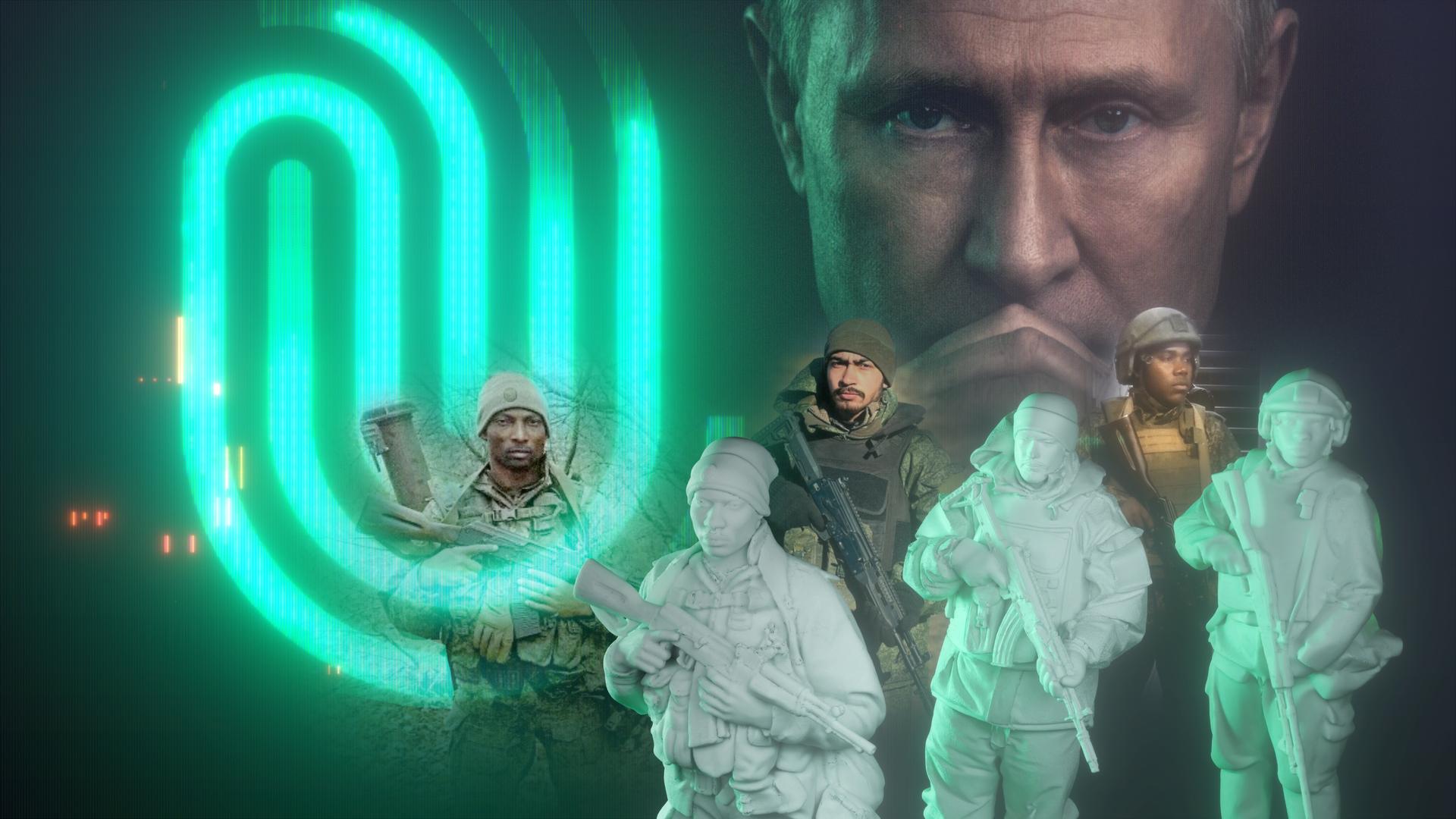 "Die Spur: Putins Kanonenfutter": Fotomontage: Ein Porträtfoto von Putin liegt im Hintergrund, davor stehen mehrere bewaffnete Personen in Uniform sowie stilisierte Soldatenfiguren. An der Seite leuchtet das Sendungslogo grün.