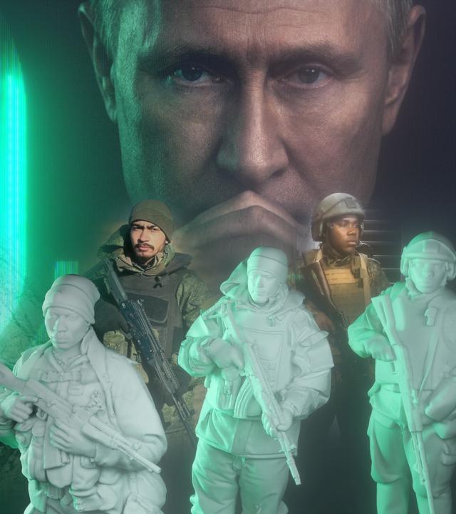 "Die Spur: Putins Kanonenfutter": Fotomontage: Ein Porträtfoto von Putin liegt im Hintergrund, davor stehen mehrere bewaffnete Personen in Uniform sowie stilisierte Soldatenfiguren. An der Seite leuchtet das Sendungslogo grün.