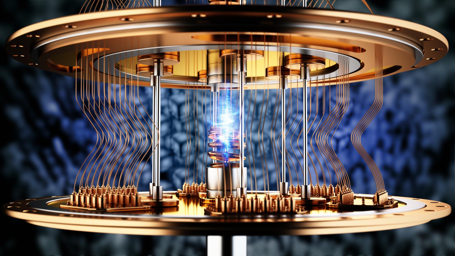 3D-Illustration eines funktionierenden Quantencomputers. 