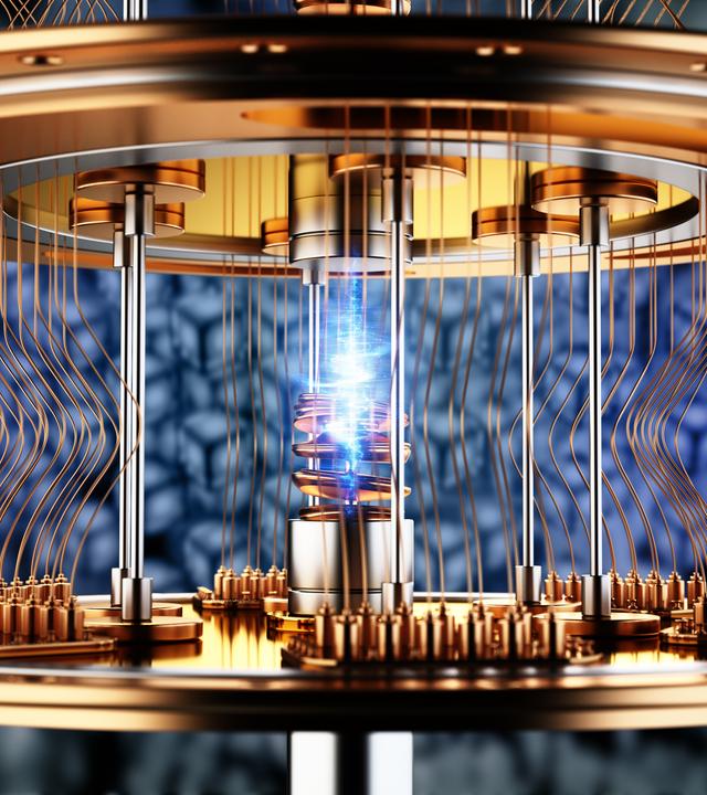 3D-Illustration eines funktionierenden Quantencomputers. 