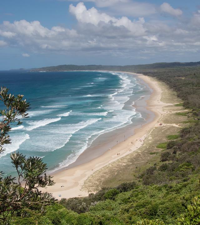 Panoramaaufnahme eines weitläufigen Sandstrandes der in ein dichtes Waldgebiet übergeht. Am blauem Himmel hängen einige Wolken.