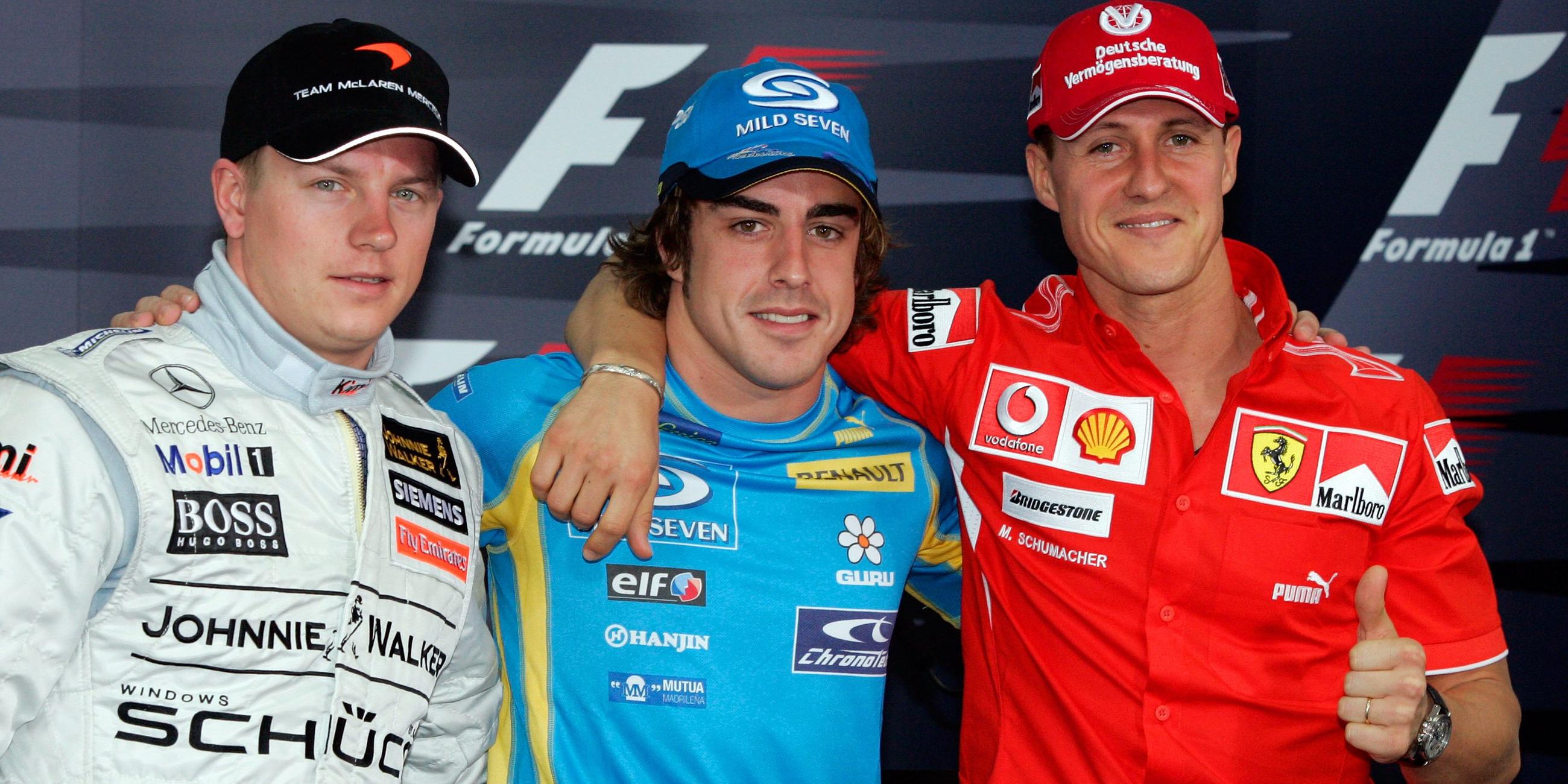 Formel 1 im Jahr 2006: v.l. Kimi Räikkönen (McLaren-Mercedes), Fernando Alonso (Renault) und Michael Schumacher (Ferrari)