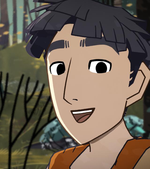 Wilhelm alias Hugo ist im Wald und schaut mit halb offenem Mund ganz fröhlich.