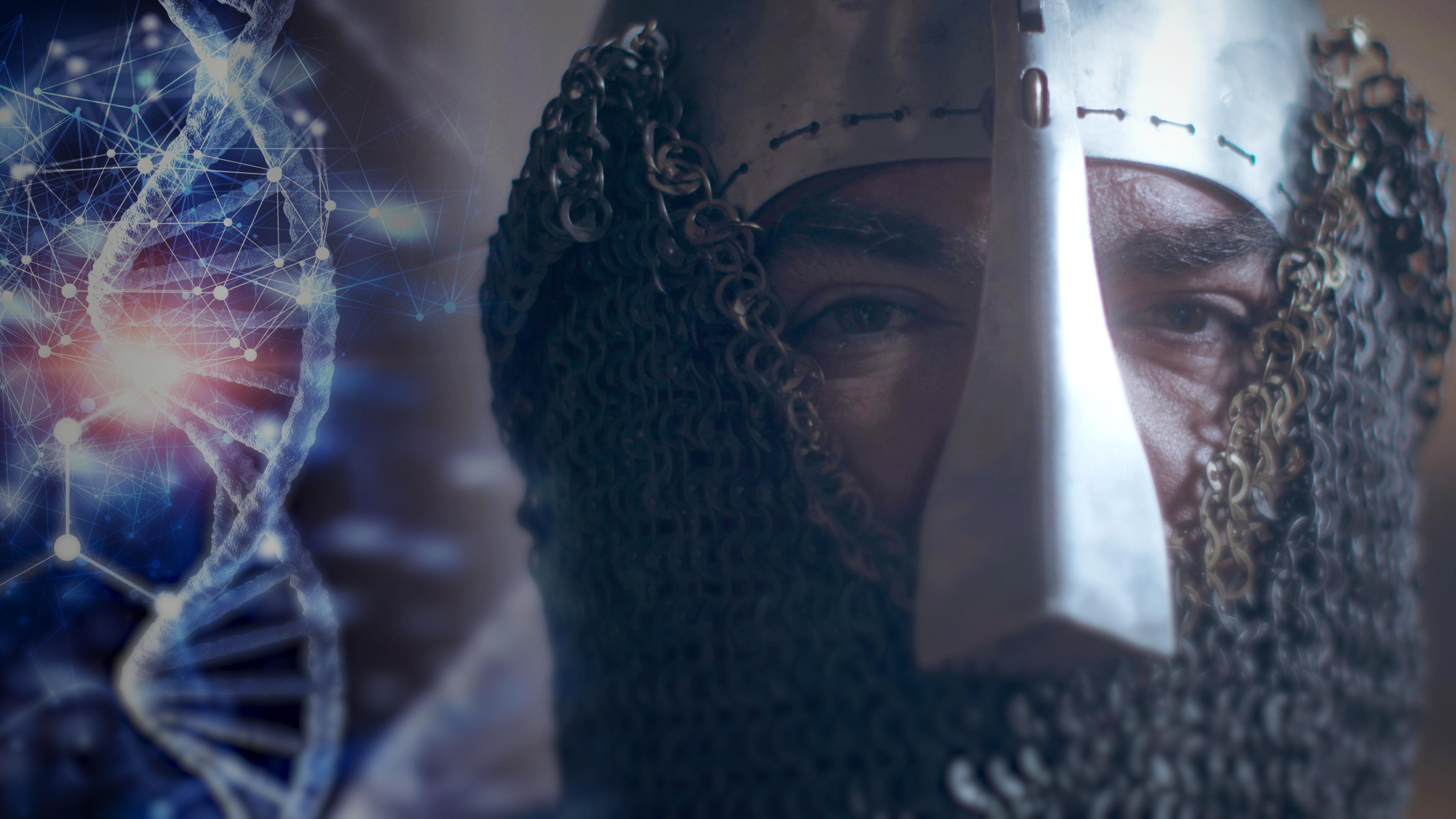 Montage: Links eine DNA-Helix vor einem blauen Hintergrund mit weiteren biotechnischen grafischen Elementen; rechts ein Mann mit Stahlhelm, der ernst in die Kamera blickt.