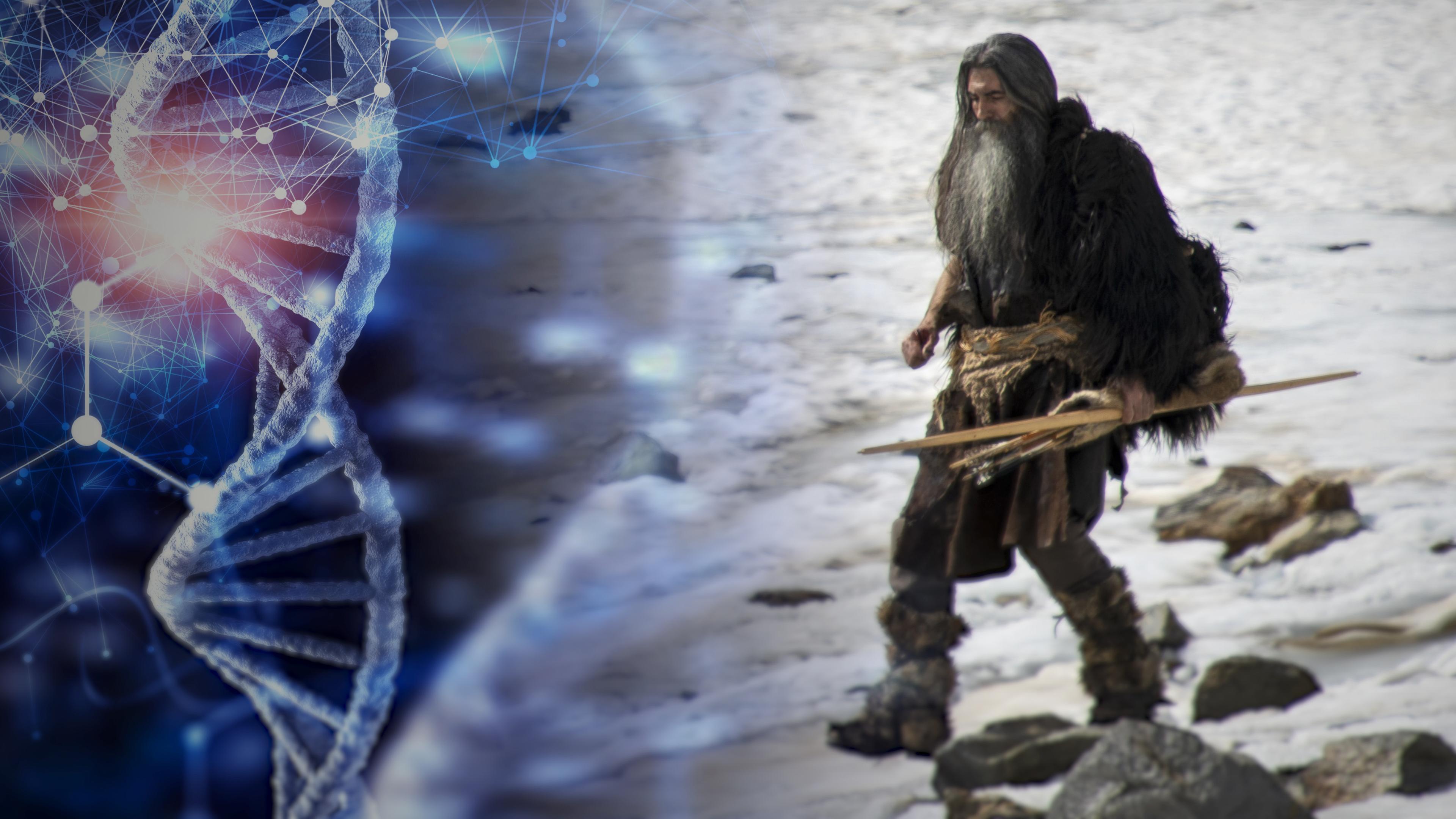 Montage: Links eine DNA-Helix vor einem blauen Hintergrund mit weiteren biotechnischen