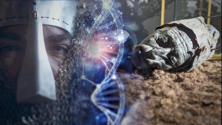 Montage: Links eine DNA-Helix vor einem blauen Hintergrund mit weiteren biotechnischen grafischen Elementen; links ein Mann mit Stahlhelm, der ernst in die Kamera