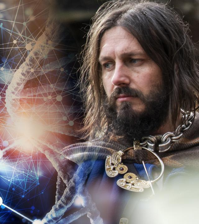 Montage: Links eine DNA-Helix vor einem blauen Hintergrund mit weiteren biotechnischen grafischen Elementen; rechts ein Pikte mit langen Haaren, Vollbart und blauem