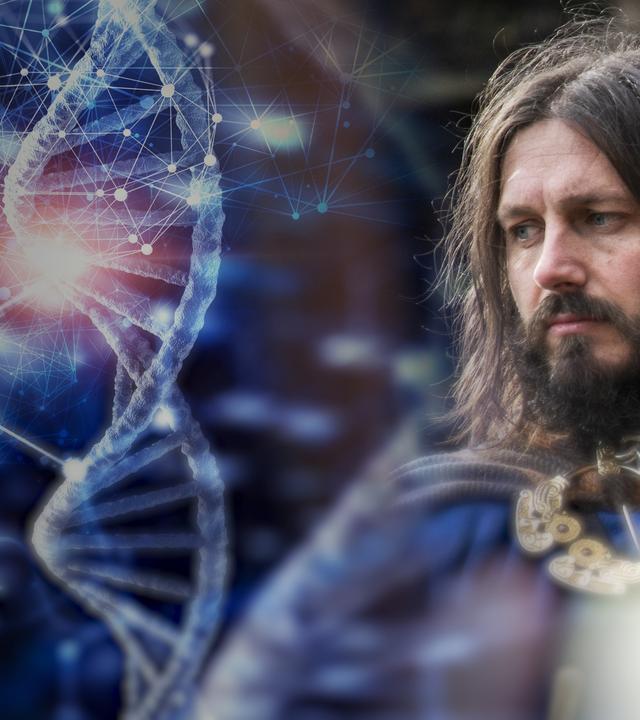 Montage: Links eine DNA-Helix vor einem blauen Hintergrund mit weiteren biotechnischen grafischen Elementen