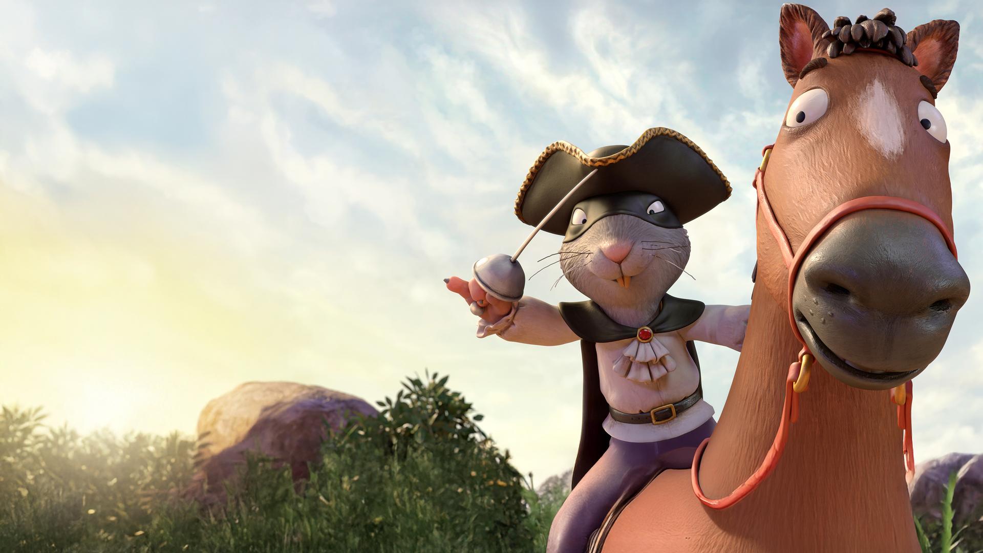 Ratte sitzt auf seinem braunen Pferd und  hat Beute  erspäht. Er beugt sich mit gezücktem Degen nach unten.