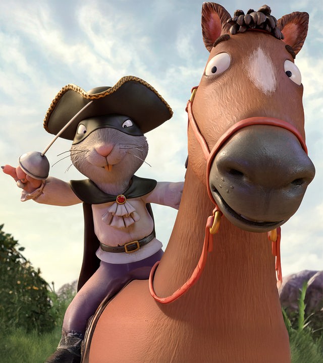 Ratte sitzt auf seinem braunen Pferd und  hat Beute  erspäht. Er beugt sich mit gezücktem Degen nach unten.