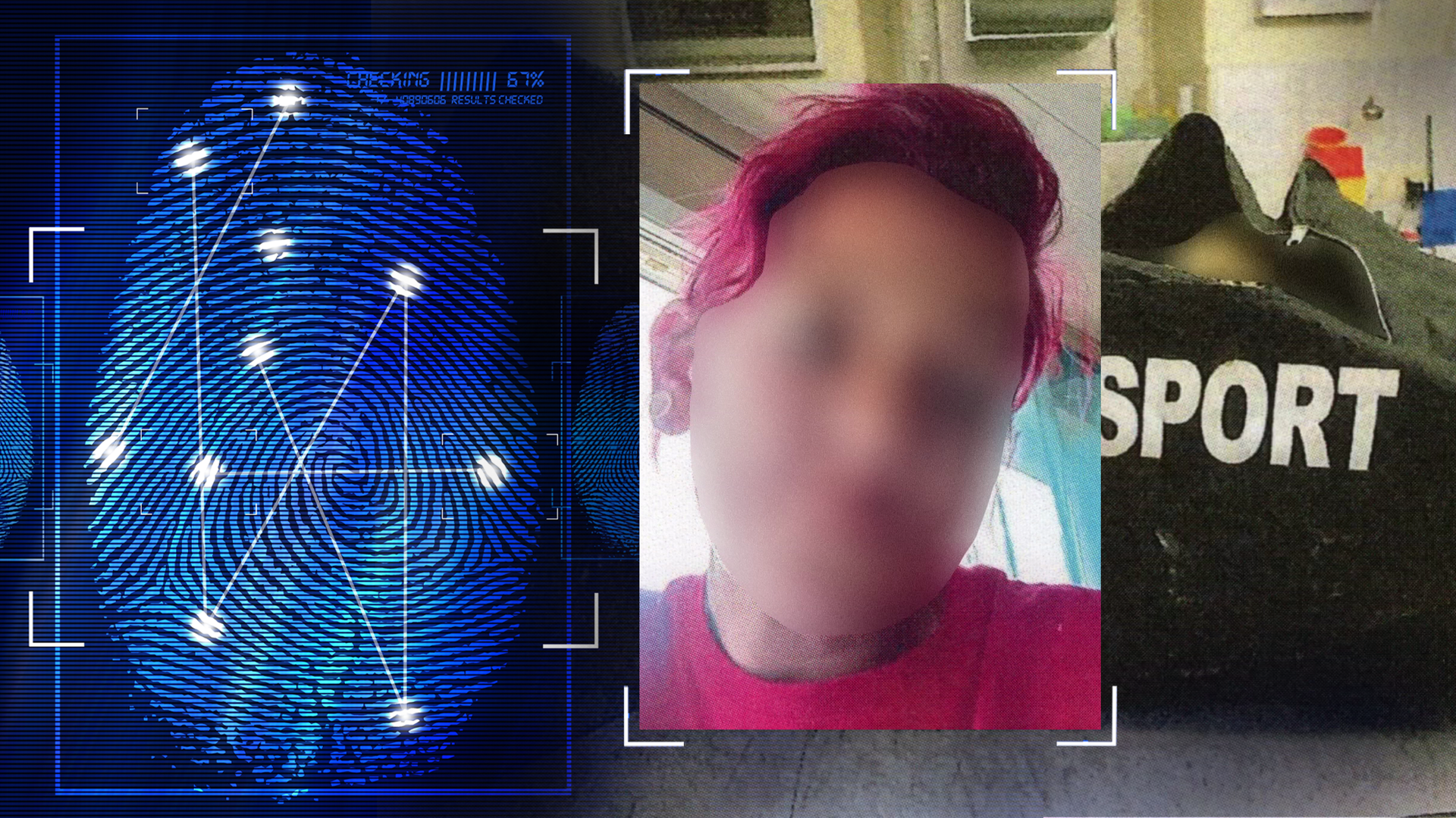 Portraitfoto eine Frau mit pinken Haaren. Das Gesicht wurde technisch verfremdet. Im Hintergrund eine Reisetasche mit einer Leiche (verfremdet). Links daneben: Lichtschematische Darstellung eines Fingerabdrucks.