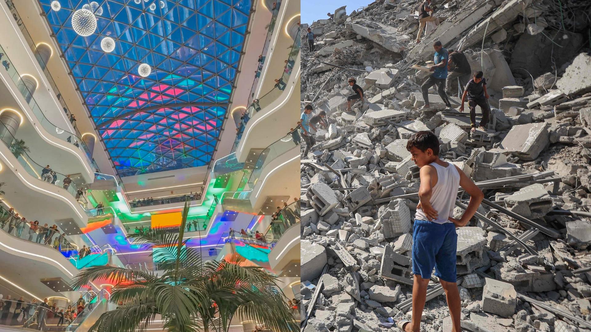 Nebeneinander gestellt sind zwei Bilder: Ein modernes glitzerndes Einkaufszentrum von innen, eine zerstörte Stadt.