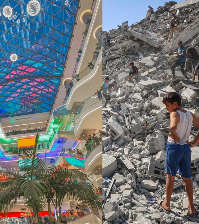 Nebeneinander gestellt sind zwei Bilder: Ein modernes glitzerndes Einkaufszentrum von innen, eine zerstörte Stadt.