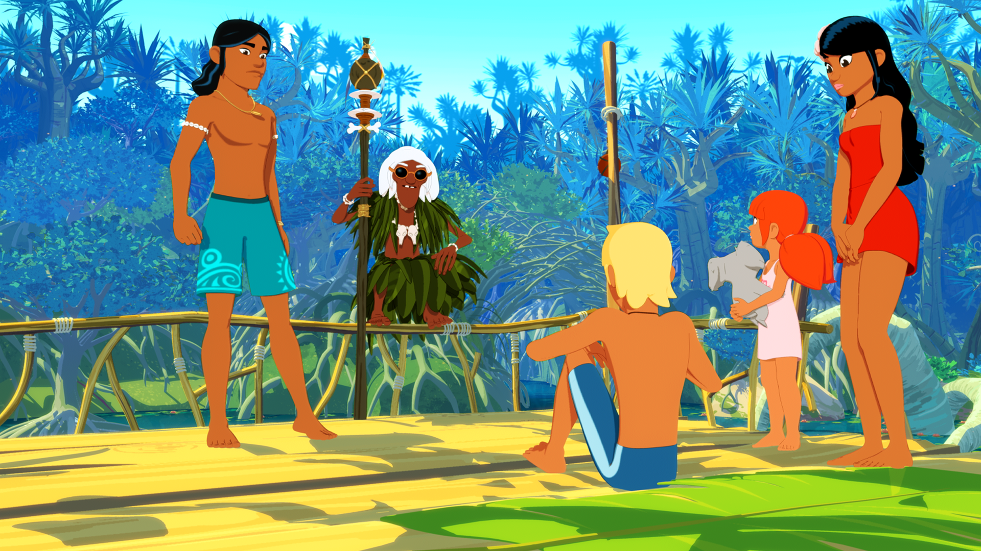 Yann sitzt dem Schamanen Ramana gegenüber. Um die beiden herum stehen Timeti, Auru und Marina mit Raoul.