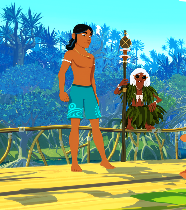 Yann sitzt dem Schamanen Ramana gegenüber. Um die beiden herum stehen Timeti, Auru und Marina mit Raoul.