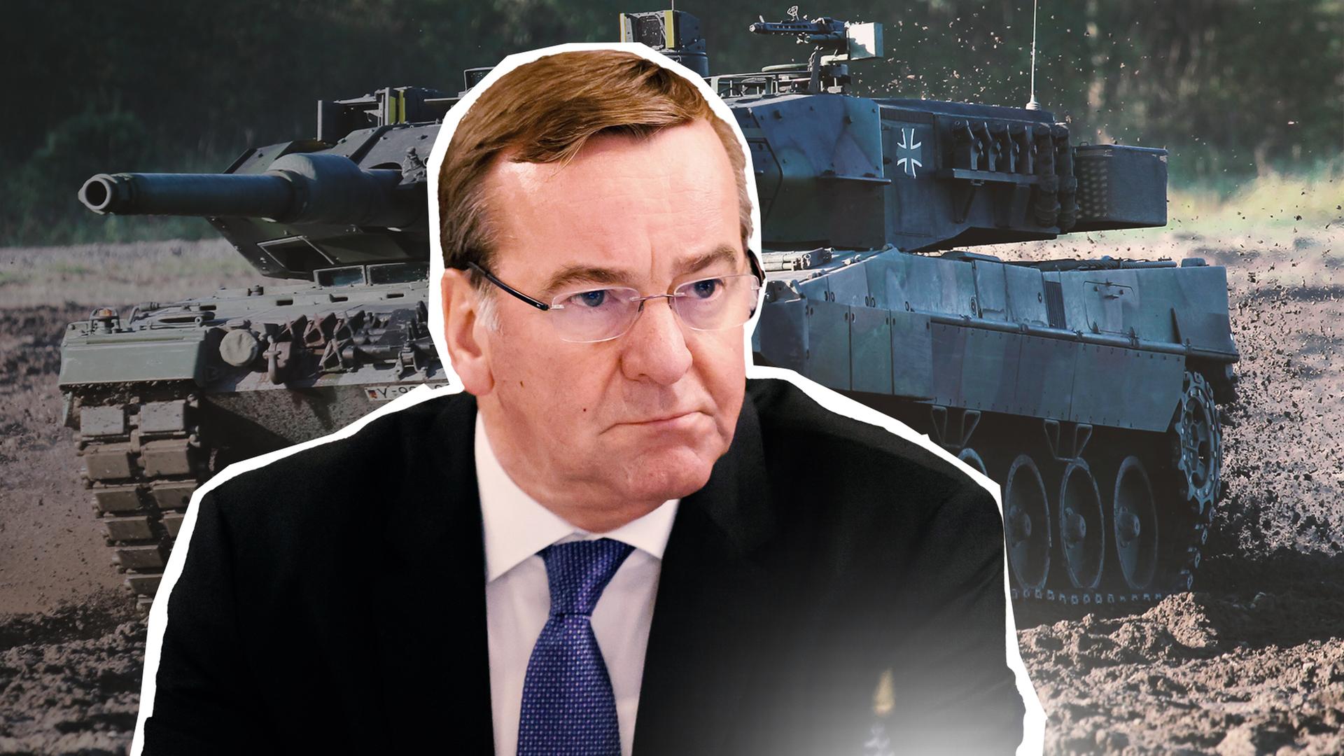 Boris Pistorius; im Hintergrund ein Leopard 2 Panzer