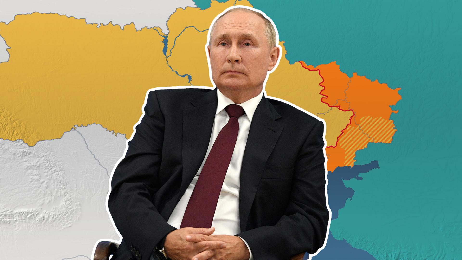 Mitte, Wladimir Putin mit gefalteten Händen, im Hintergrund eine Karte der Ukraine mit dem aktuellen Frontverlauf.
