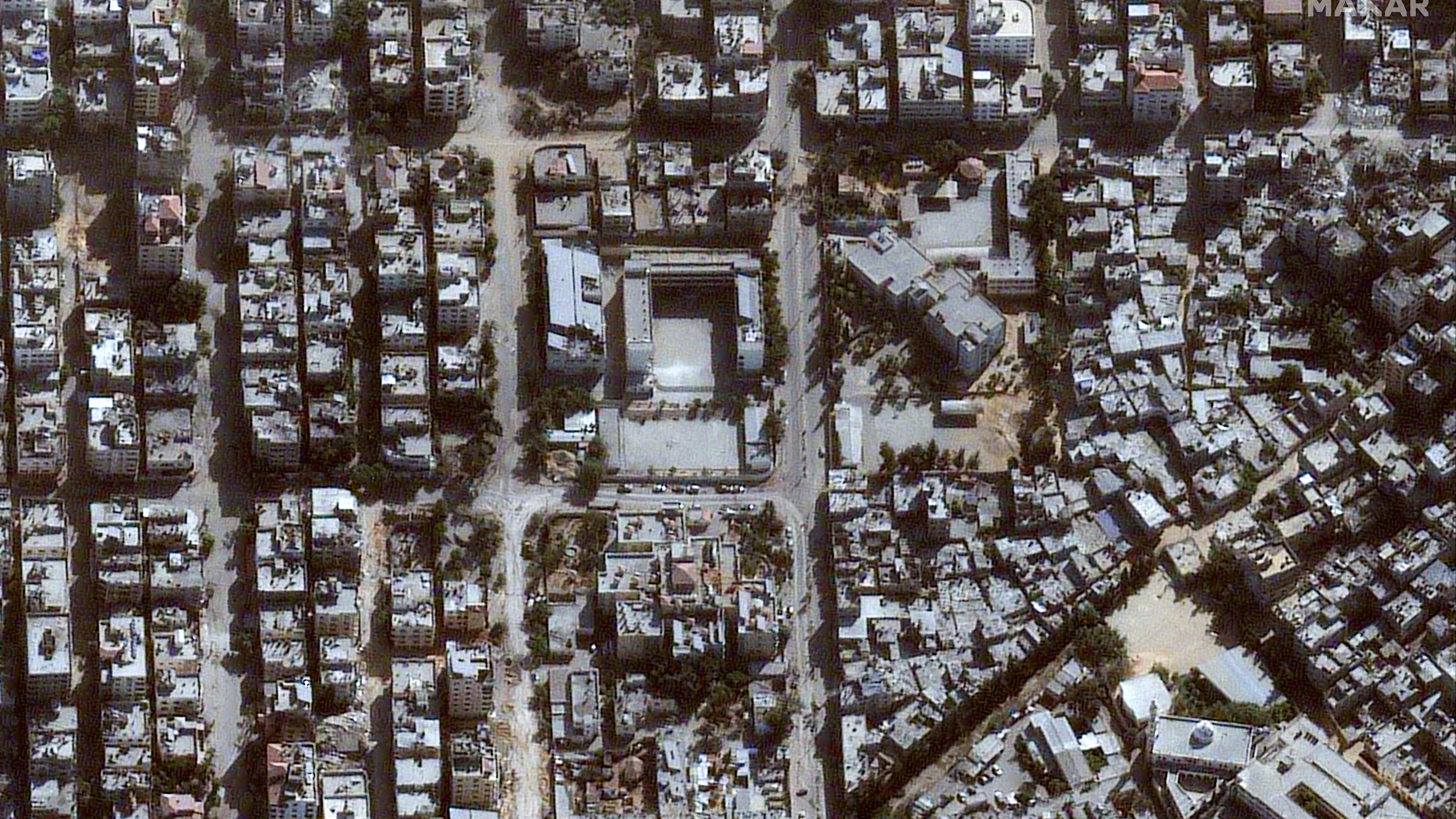 Luftaufnahme des Rantisi-Kinderkrankenhauses in Gaza-Stadt 