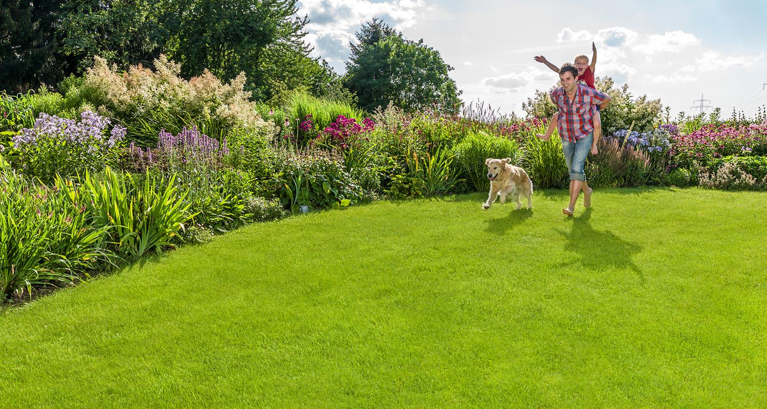 ein Vateer spielt mit seinem Kinder auf dem Rasen im Garten, aufgenommen am 26.05.2023