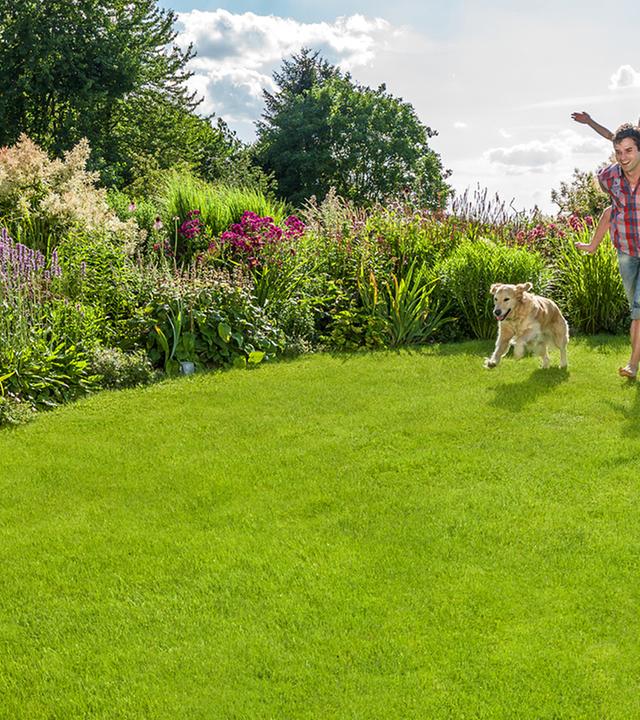 ein Vateer spielt mit seinem Kinder auf dem Rasen im Garten, aufgenommen am 26.05.2023
