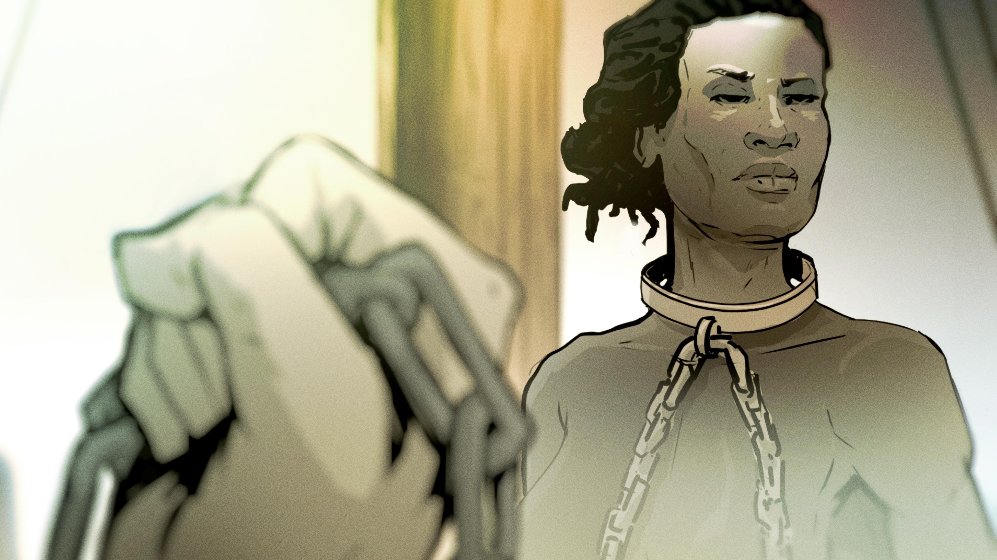 Graphic-Novel-Darstellung: Eine schwarze Frau hat eine Fessel um den Hals. Sie sieht zur Seite. Die Fessel wird von einer weißen, bedrohlich wirkenden Faust gehalten.