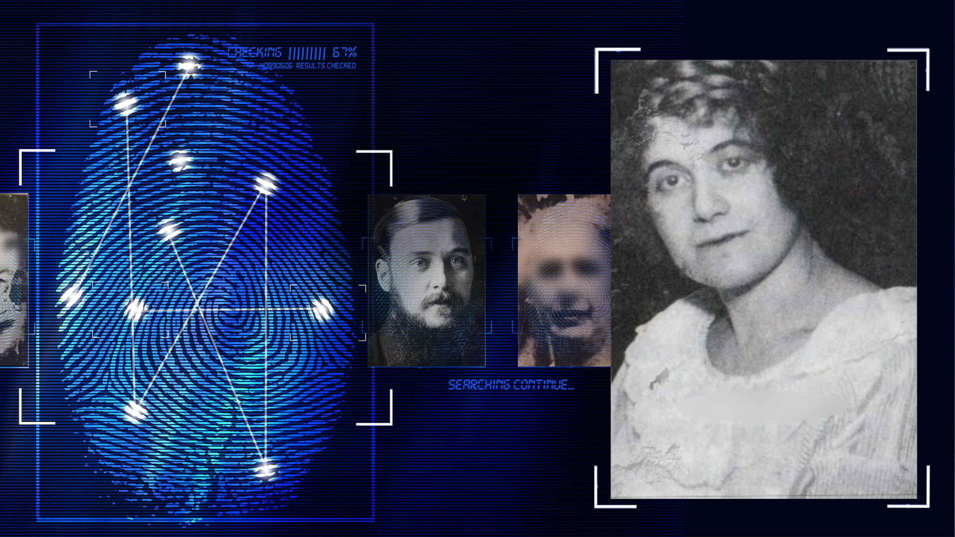 Schwarzweiß-Portraitfoto von Martha Marek in den 1920er Jahren. Die Frau hat mittellanges dunkles Haar und schaut mit neurtralem Blick Richtung Kamera. Sie trägt ein weißes, blusenartiges Oberteil mit Rüschen. Links daneben: Lichtschematische Darstellung eines Fingerabdrucks.