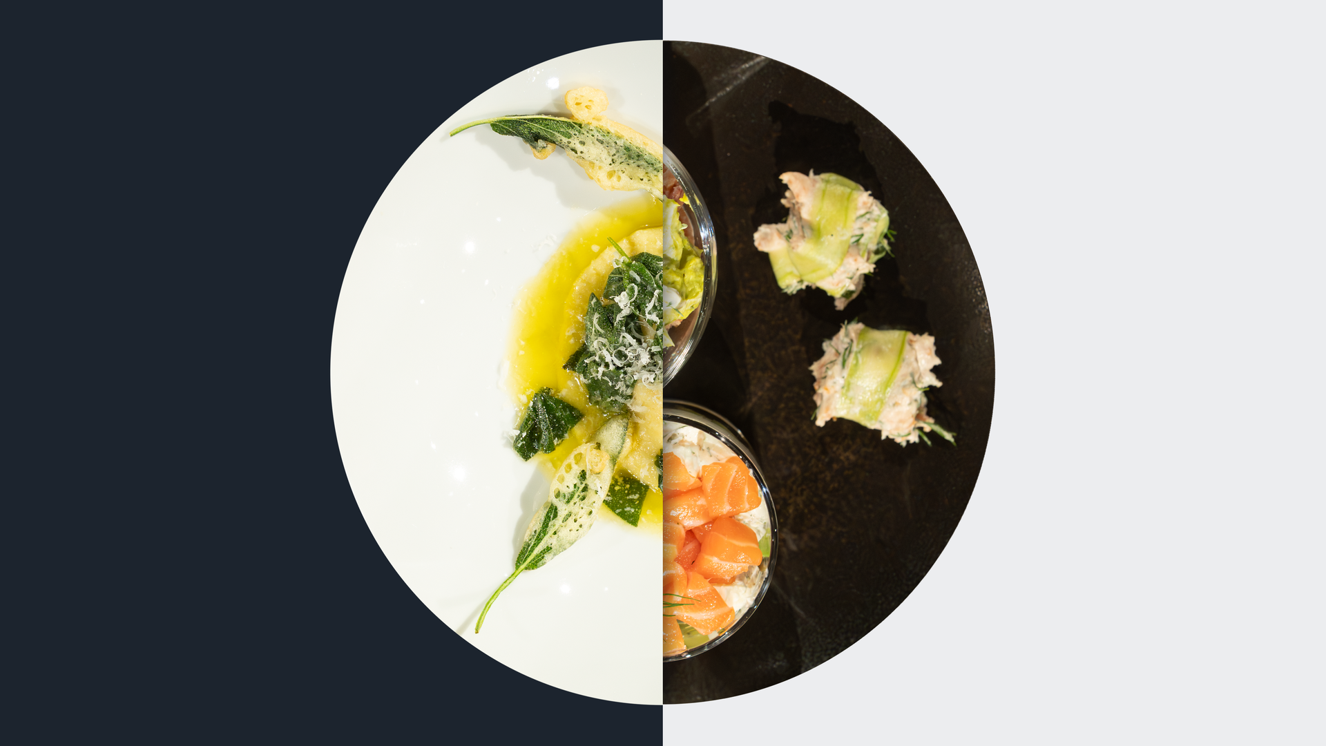 Raviolo all'uovo vs. Lachs-Röllchen