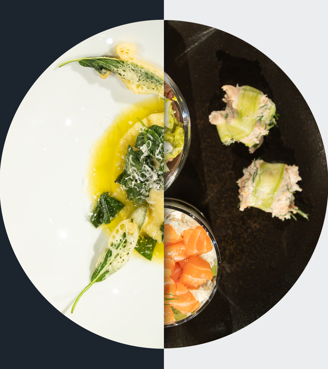 Raviolo all'uovo vs. Lachs-Röllchen