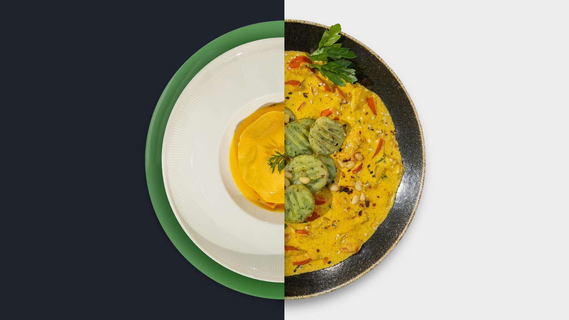 Orangefarbener Ricotta-Raviolo vs.Grüne Gnocchi
