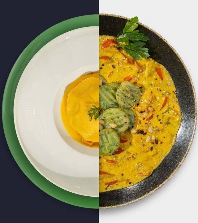 Orangefarbener Ricotta-Raviolo vs.Grüne Gnocchi