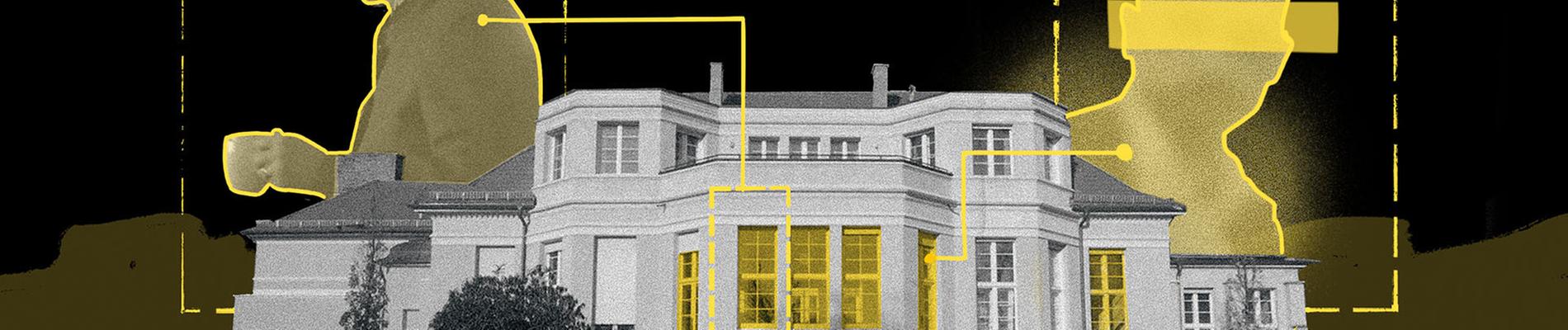 Ansicht des Hotels Landhaus Adlon in Potsdam in Grauabstufungen vor schwarzem Hintergrund. Darüber in Gelb die Silhouetten von zwei Männern.